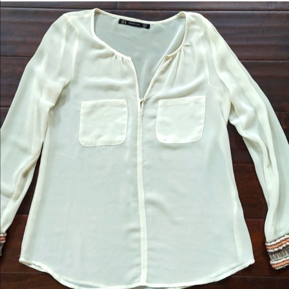 𝅺zara ivory sheer blouse with embroidery and beads on sleeve